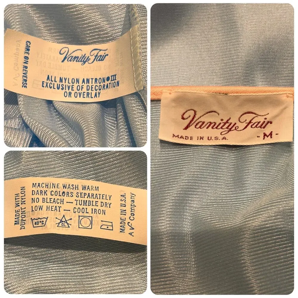 Vintage Vanity Fair Blue Nylon Nightgown Robe M Embroidered Floral USA -